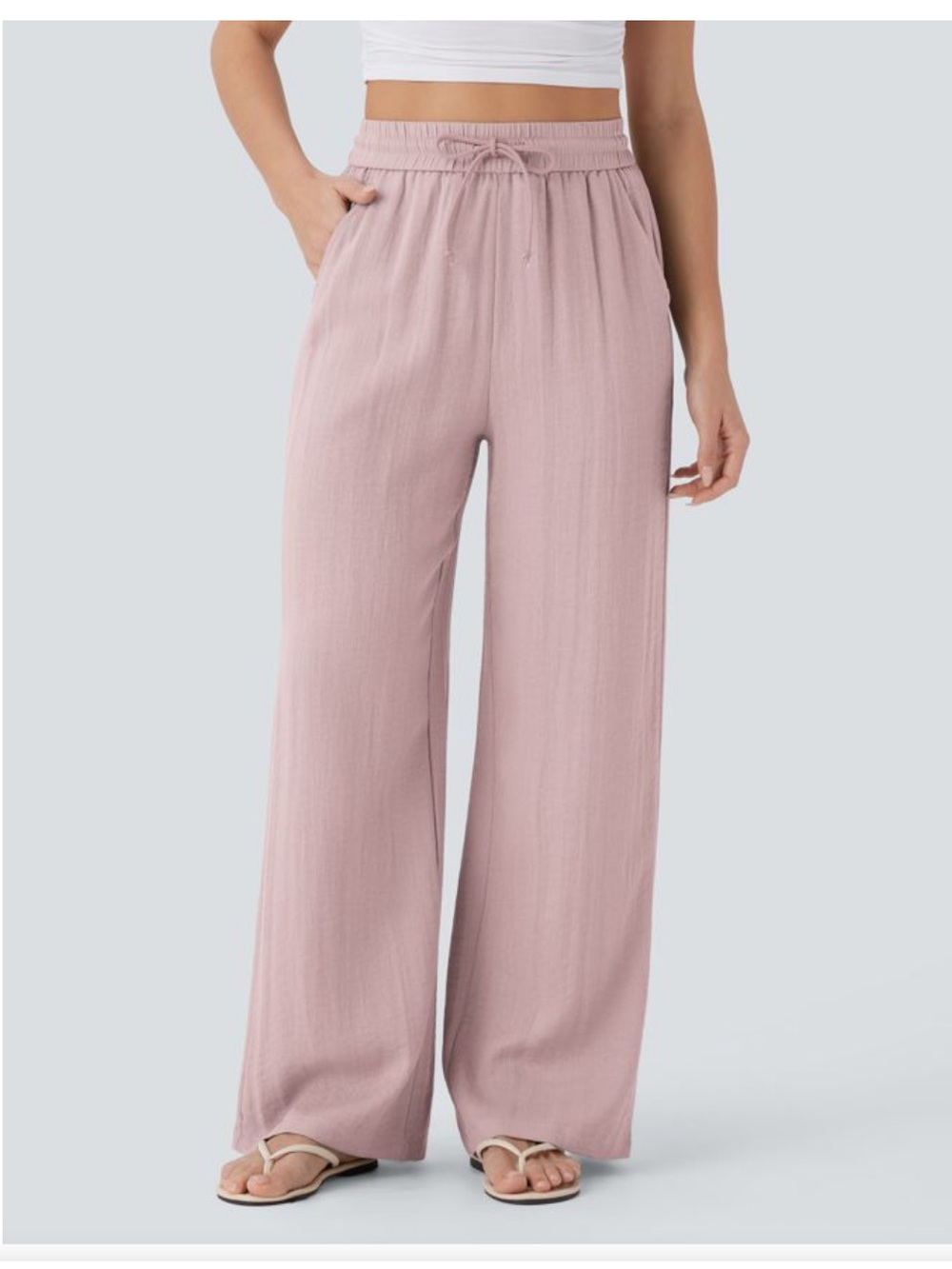 NWT Halara Pink High Waisted Wide Leg Linen Feel Pants Medium Regular